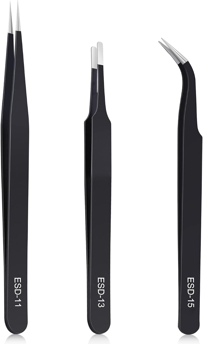 Three black precision tweezers with straight and curved fine tips