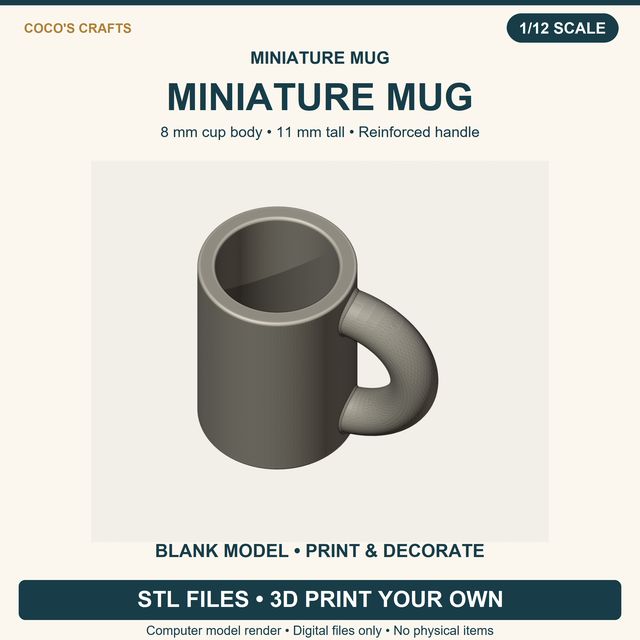 Miniature Mug STL, Reinforced Handle, 8 mm Cup Body x 11 mm High