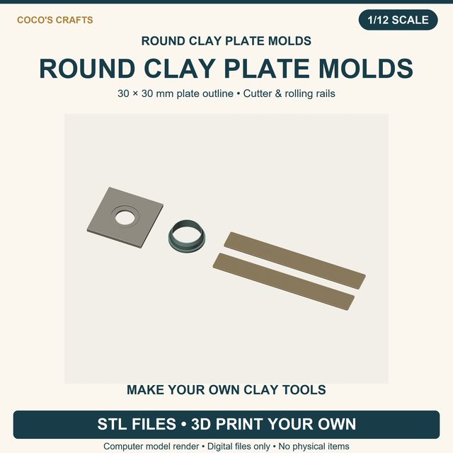 Smooth round Miniature Clay Plate Mold STL, 30 x 30 mm, Cutter and Rolling Rails