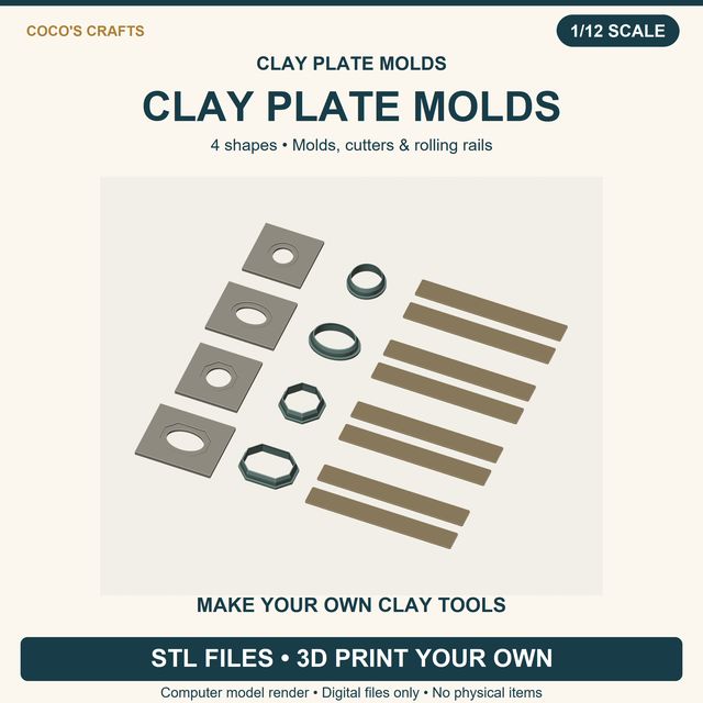 Miniature Clay Plate Mold STL Bundle, 4 Shapes, Cutters and Rolling Rails