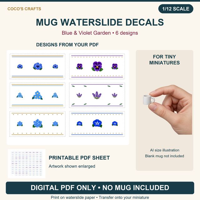 Blue & Violet Garden Mug Waterslide Decals, 6 Designs