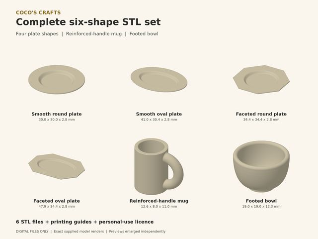 Complete Miniature Tableware STL Set, 6 Shapes, Four Plates Mug and Bowl