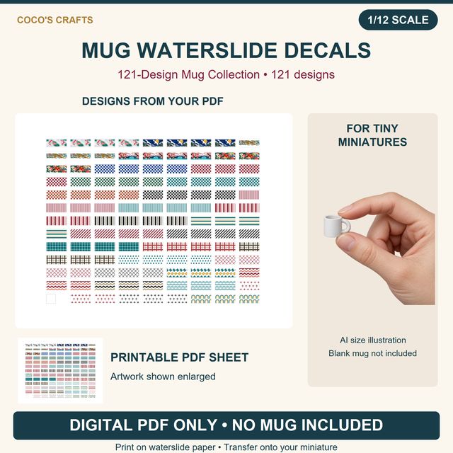 121 Miniature Mug Waterslide Decal Designs, 22 x 10 mm, 464 Mug Bands