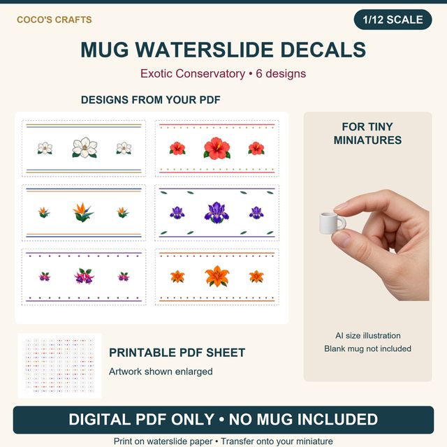 Exotic Conservatory Mug Waterslide Decals, 6 Designs