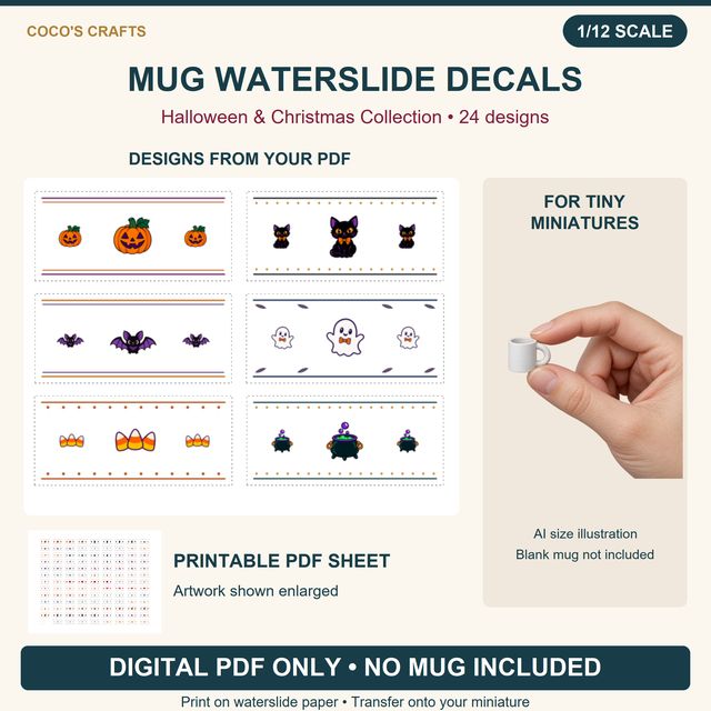Halloween & Christmas Collection Mug Waterslide Decals, 24 Designs