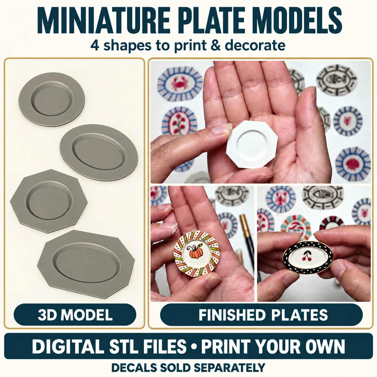 Miniature Plate STL Bundle, 4 Shapes, Round Oval and Faceted Dollhouse Plates