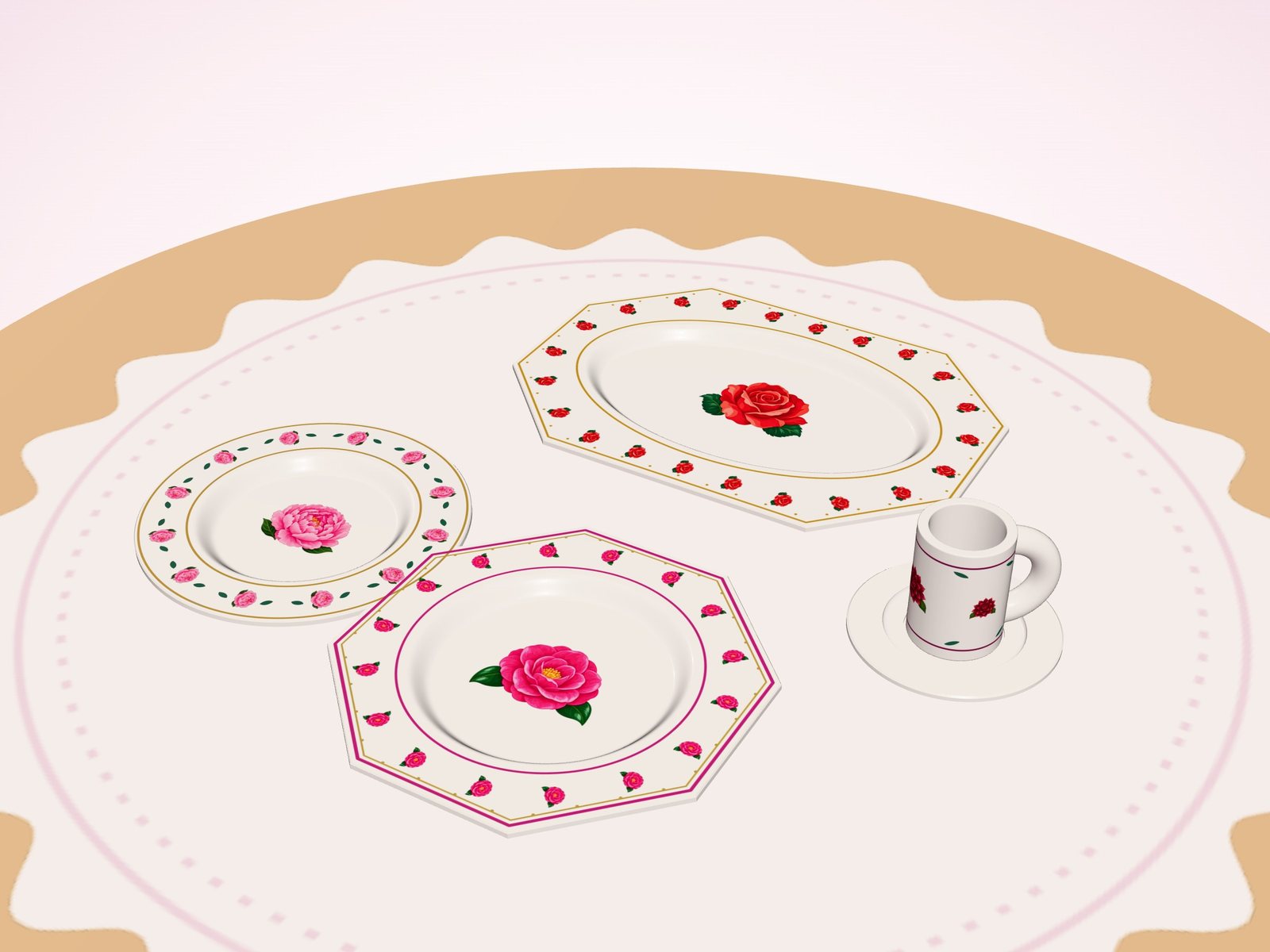 Miniature clay plates and a mug decorated with rose decals